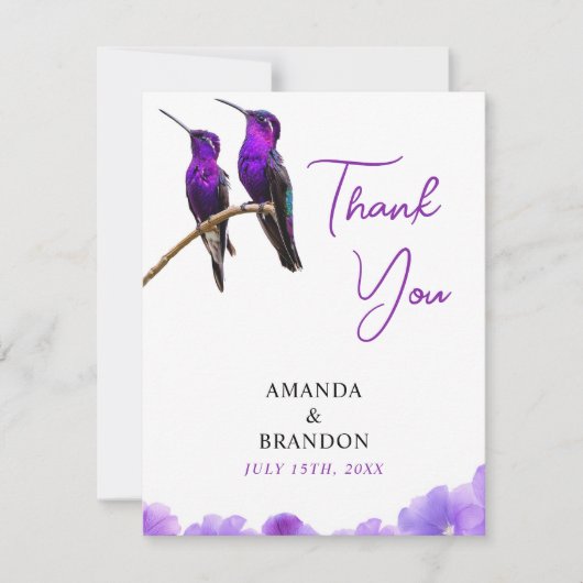 Chic Paarse kolibries en bloemblaadjes bruiloft Bedankkaart (Voorkant)