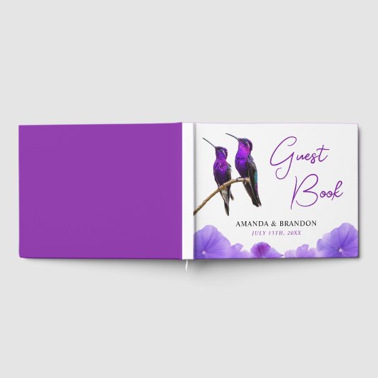 Chic Paarse kolibries en bloemblaadjes bruiloft Gastenboek (Volledig)