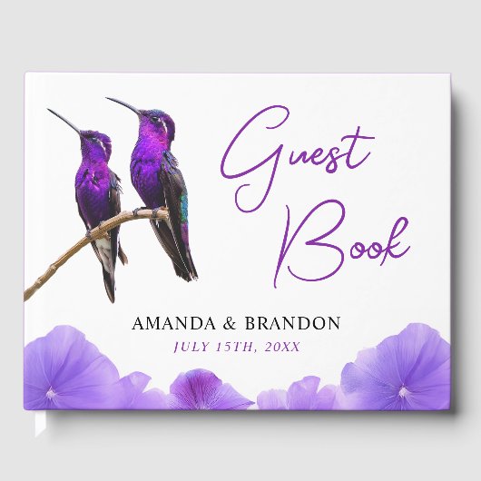 Chic Paarse kolibries en bloemblaadjes bruiloft Gastenboek (Voorkant)