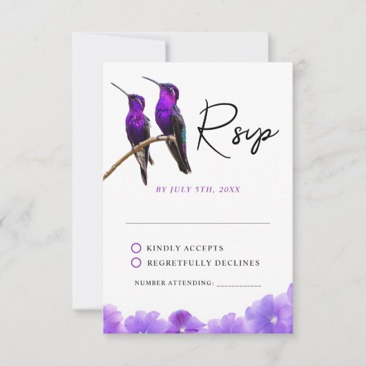 Chic Paarse kolibries en bloemblaadjes bruiloft RSVP Kaartje (Voorkant)