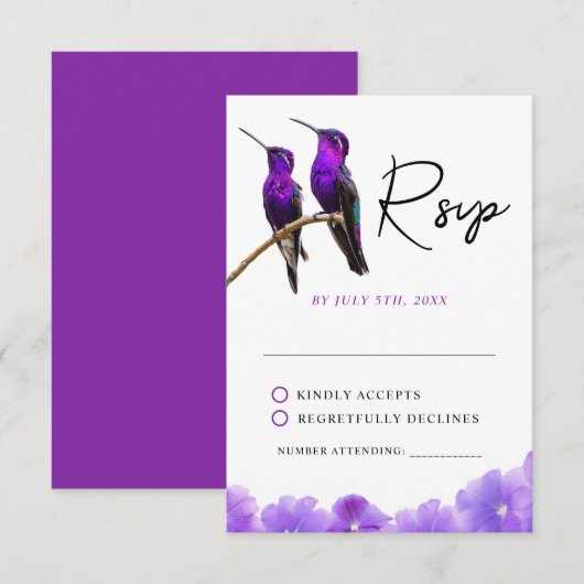Chic Paarse kolibries en bloemblaadjes bruiloft RSVP Kaartje (Voorkant / Achterkant)