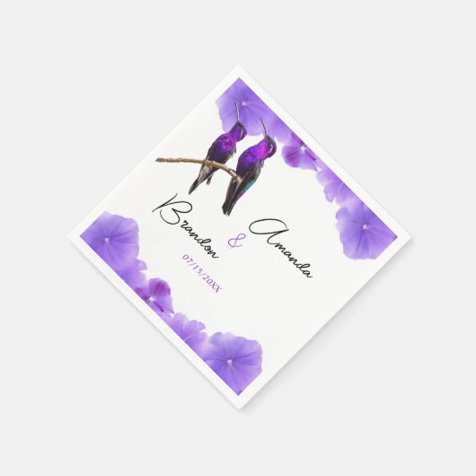 Chic Paarse kolibries en bloemblaadjes bruiloft Servet (Hoek)