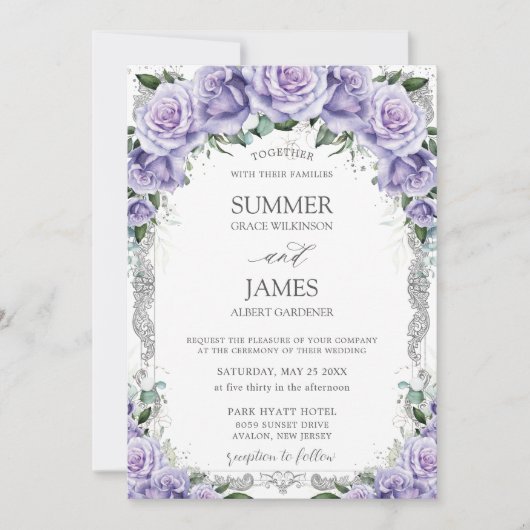 Chic Paarse Lavendel Rozen Floral Silver Wedding Kaart (Voorkant)