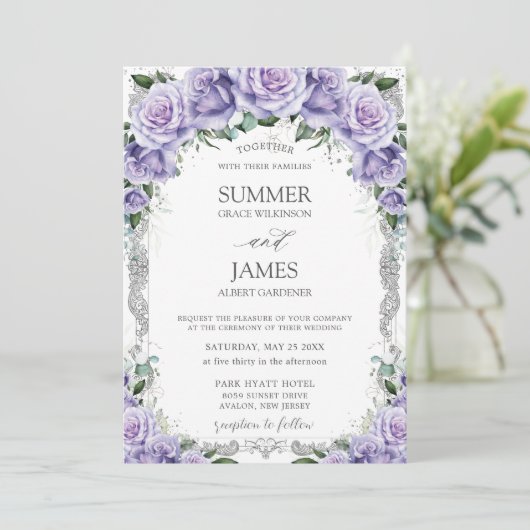 Chic Paarse Lavendel Rozen Floral Silver Wedding Kaart (Staand voorkant)