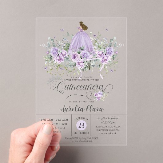 Chic Paarse Lila Bloemen Meisje Jurk Quinceañera X Acryl Uitnodigingen (Insitu (Draagbaar))