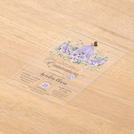 Chic Paarse Lila Bloemen Meisje Jurk Quinceañera X Acryl Uitnodigingen (Laagn)