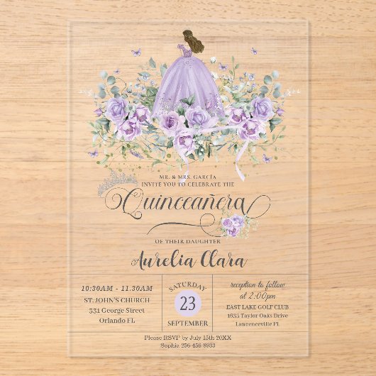 Chic Paarse Lila Bloemen Meisje Jurk Quinceañera X Acryl Uitnodigingen (Voorkant)