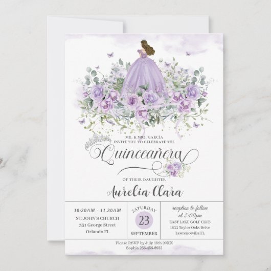 Chic Paarse Lila Bloemen Meisje Jurk Quinceañera X Kaart (Voorkant)