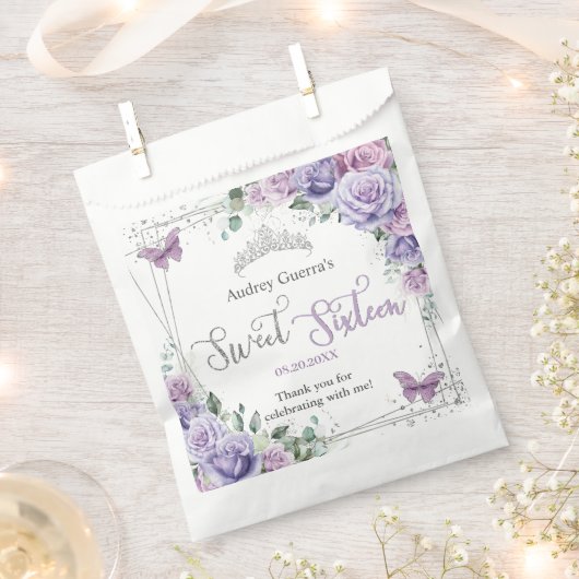 Chic Paarse Lila Bloemenvlinders Sweet Sixteen Bedankzakje (Geknipt)