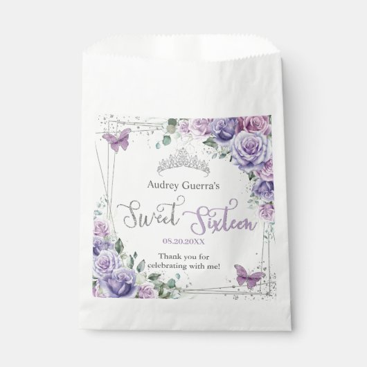Chic Paarse Lila Bloemenvlinders Sweet Sixteen Bedankzakje (Voorkant)