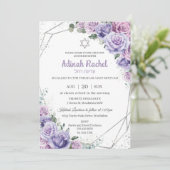 Chic Paarse Lila Floral Rozen Silver Bat Mitzvah Kaart (Staand voorkant)