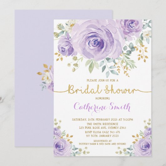 Chic Paarse Lila Gouden Rozen Vrijgezellenfeest Kaart (Voorkant / Achterkant)