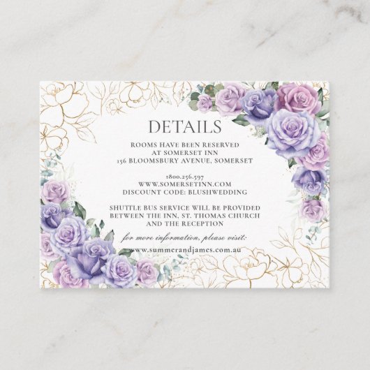 Chic Paarse Lila Lavendel Bloemen Trouwdetails Informatiekaartje (Voorkant)
