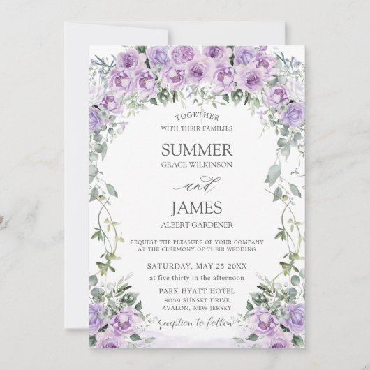 Chic Paarse Lila Rozen Floral Garden Wedding Kaart (Voorkant)