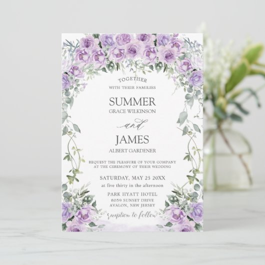 Chic Paarse Lila Rozen Floral Garden Wedding Kaart (Staand voorkant)