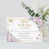 Chic Paarse Lila Rozen Floral Gold 15 Quinceañera RSVP Kaartje (Staand voorkant)