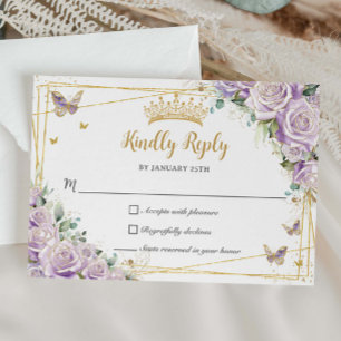 Chic Paarse Lila Rozen Floral Gold 15 Quinceañera RSVP Kaartje