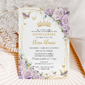 Chic Paarse Lila Rozen Floral Gold Quinceañera XV Kaart
