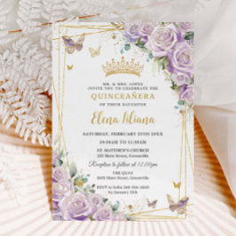 Chic Paarse Lila Rozen Floral Gold Quinceañera XV Kaart