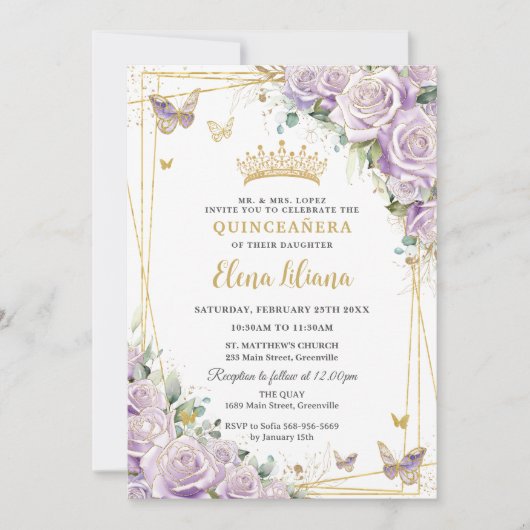 Chic Paarse Lila Rozen Floral Gold Quinceañera XV Kaart (Voorkant)