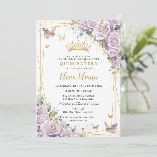 Chic Paarse Lila Rozen Floral Gold Quinceañera XV Kaart (Staand voorkant)