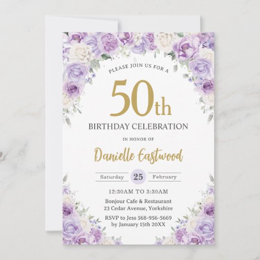 Chic Paarse Lila Witte Bloemen 50e 60e Verjaardag Kaart (Voorkant)