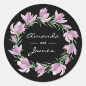 Chic Paarse Magnolia Bloemen Waterverf bruiloft Ronde Sticker (Voorkant)