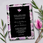 Chic Paarse Magnolia's op Black Wedding Silver Folie Uitnodiging<br><div class="desc">Elegant magnolia blossom in schaduwen van paars,  lavender en wit,  omgeven in echte zilveren folie,  deze uitnodigingen voor bloemetjes voor bruiloft zijn voorzien van je trouwgegevens in witte hoofdletters tegen een zwarte achtergrond. OBJECTEN AANPASSEN in onze winkel.</div>