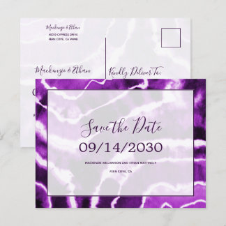 Chic Paarse Marmeren Tie Dye Wedding Save the Date Aankondigingskaart