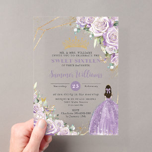 Chic Paarse Sering Rozen Bloemige Prinses Sweet 16 Acryl Uitnodigingen