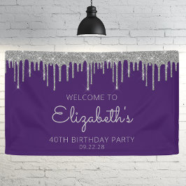 Chic Paarse Silver Glitter Drip 40ste Verjaardag Spandoek
