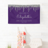 Chic Paarse Silver Glitter Drip 40ste Verjaardag Spandoek (Insitu)