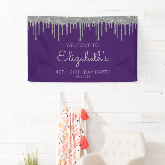 Chic Paarse Silver Glitter Drip 40ste Verjaardag Spandoek (Insitu)