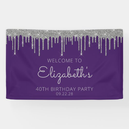 Chic Paarse Silver Glitter Drip 40ste Verjaardag Spandoek (Horizontaal)