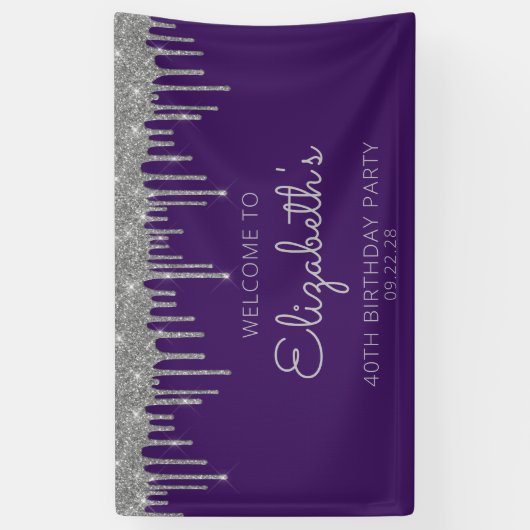 Chic Paarse Silver Glitter Drip 40ste Verjaardag Spandoek (Verticaal)