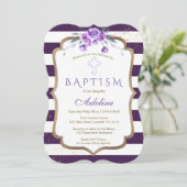 Chic Paarse Stripes Gold Violet Floral Baptisme Kaart (Staand voorkant)