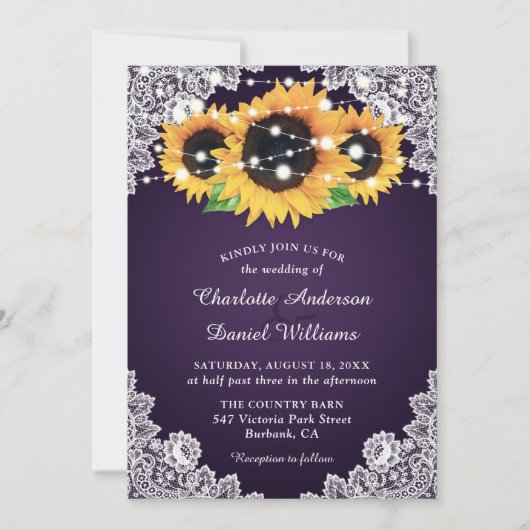 Chic Paarse Sunflower Wedding Kaart (Voorkant)
