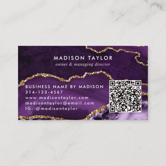 Chic Paarse Violette Gouden Glitter Marmeren Monog Visitekaartje (Achterkant)