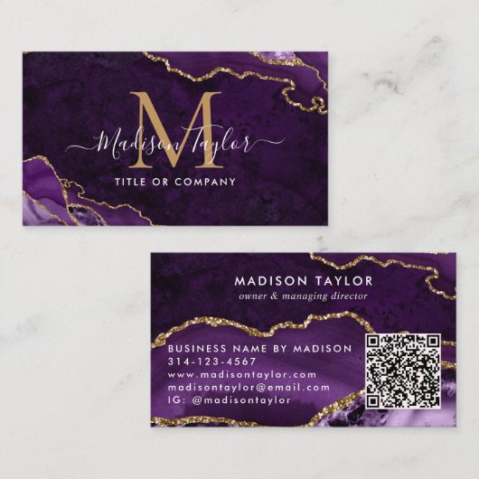 Chic Paarse Violette Gouden Glitter Marmeren Monog Visitekaartje (Voorkant / Achterkant)