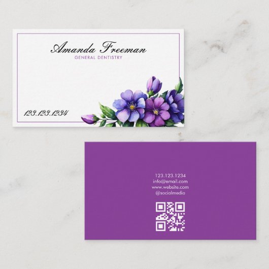 Chic Paarse Waterverf Bloemen Tandarts Visitekaartje (Voorkant / Achterkant)