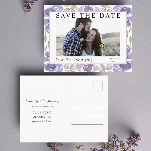 Chic Paarse Waterverf Floral Save the Date Briefkaart