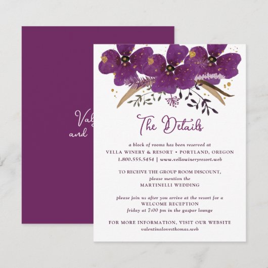 Chic Paarse Waterverf Flowers Details Kaart (Voorkant / Achterkant)