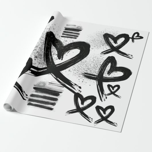 Chic Painted Black en White Hearts Pattern Cadeaupapier (Uitgerold)