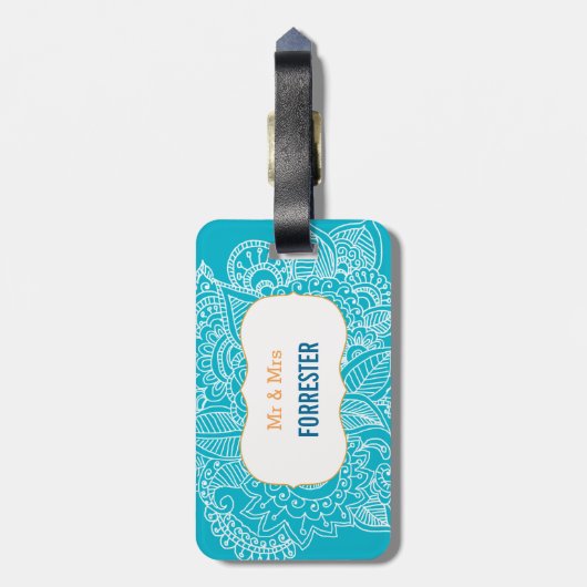 Chic Paisley Aqua Blue Mr & Mrs. Bagagelabel (Achterkant verticaal)