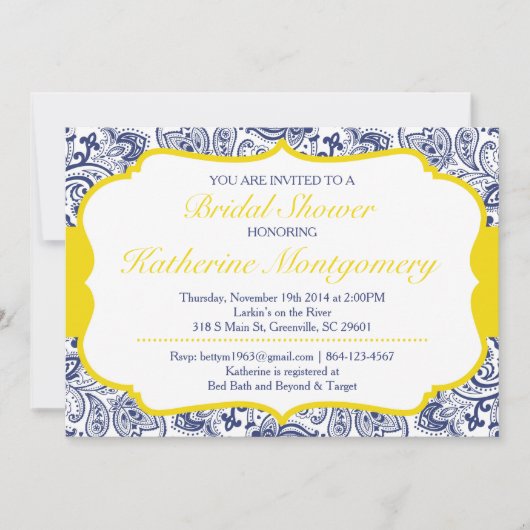 Chic Paisley Bridal Shower Invitation Navy Lemon Kaart (Voorkant)