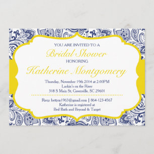 Chic Paisley Bridal Shower Invitation Navy Lemon Kaart