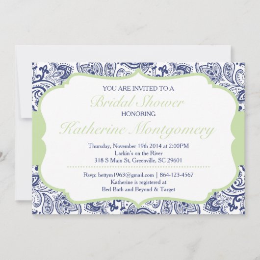 Chic Paisley Bridal Shower Invitation Navy Mint Kaart (Voorkant)