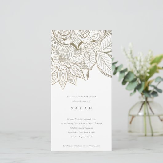Chic  Paisley Ivory Gold Baby shower Invite Bedankkaart (Staand voorkant)