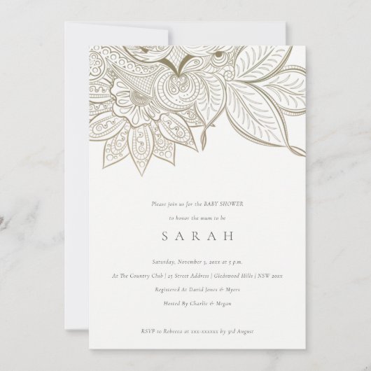 Chic  Paisley Ivory Gold Baby shower Invite Bedankkaart (Voorkant)