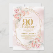 Chic Pale Pink Gold Glitter Flowers 90th Invites Kaart (Voorkant)